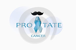 Top view on blue ribbon with border and mustache isolated on white background. Prostate cancer awareness symbol concept.