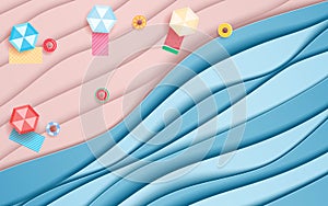 Top view blue sea and beach paper waves with umbrella beach, beach blanket and fruits rubber ring. Paper cut style