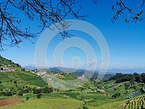 top view of blue sky with village, mountain, Thailand