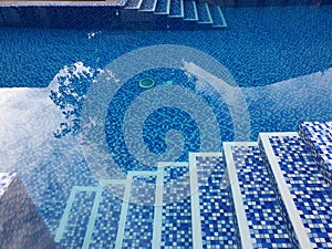 Top view of blue swimming pool stairs.