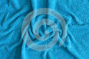 Top view of Blue Towel texture. Blue Towel Fabric Texture Background. Close-up. Blue  natural cotton towel background.