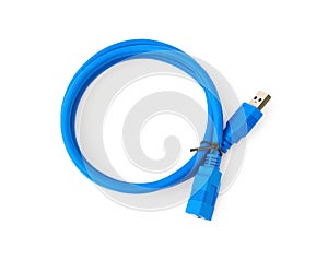 Top view blue usb cable on white background