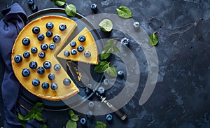 Top view of a blueberry cheesecake with lemon on dark background with copy space