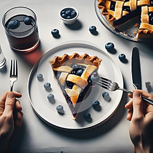 Woman's hands holding fork and knife over blueberry pie on white table, top view