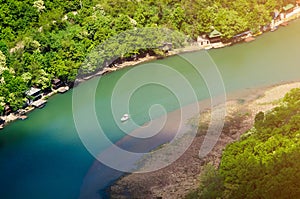 Top view of boat on a river