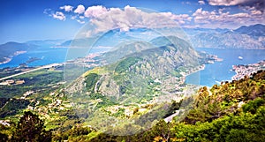 Top view Boka Kotorska gulf mountain Lovchen Montenegro wide angle