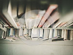 Top view of the books on the library shelves