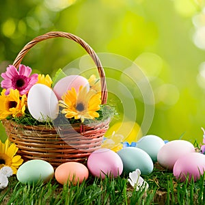 Top view border of Easter themed background with basket, eggs, flowers