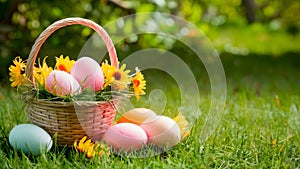 Top view border of Easter themed background with basket, eggs, flowers