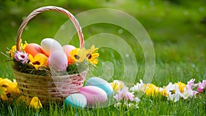 Top view border of Easter themed background with basket, eggs, flowers