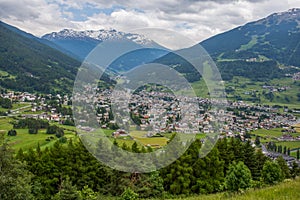 Top view of Bormio in summertime, an Italian town in the province of Sondrio in Lombardy and renowned winter and summer tourist photo