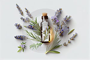 Top view of Bottle lavender oil and bunch lavender, (Created with Generative AI technology)
