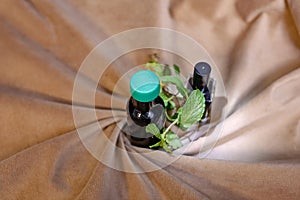 Top View of Bottle with Mint Oil essential oil or tonic water
