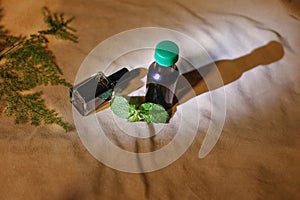 Top View of Bottle with Mint Oil essential oil or tonic water