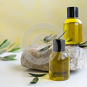 Top view of bottles essential olive oil. Healthy natura cosmetic treatment, massage product