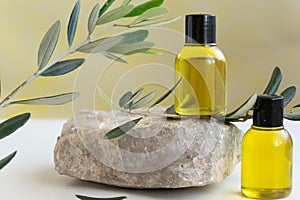 Top view of bottles essential olive oil. Healthy natura cosmetic treatment, massage product