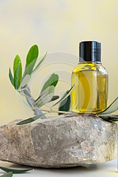 Top view of bottles essential olive oil. Healthy natura cosmetic treatment, massage product