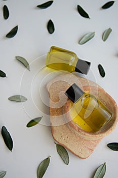 Top view of bottles essential olive oil. Healthy natura cosmetic treatment, massage product