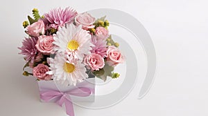 Top view of a bouquet of paper flowers in a vase with a pink bow white background.Valentine\'s Day banner with space for you