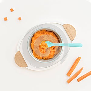 Top view bowl with carrot baby puree