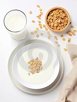 Top view of bowl of cereals with milk.