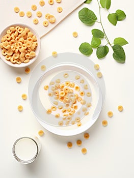 Top view of bowl of cereals with milk.