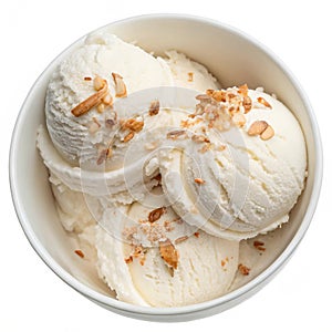 A top view bowl of coconut ice cream isolated on white photo
