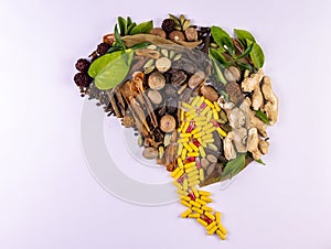 Top view of a brain shape made of Spices and green herbs with yellow red capsules. Brain concept