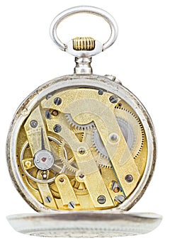 Top view of brass movement of vintage pocket watch