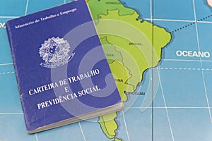 Top view of Brazil`s work card on a map with focus on the South American continent. Concept