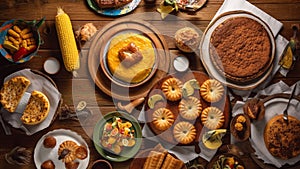 Top view of Brazilian food on the wooden table. Traditional food of Brazil. Celebration Festa Junina. Generative AI.