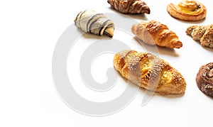 Top view of bread and bakery set on blue color background.Food and healthy concepts images