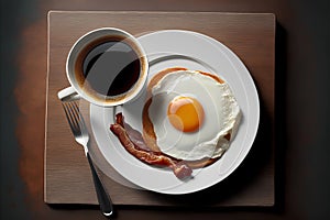 Top view of breakfast with fried egg, bacon and coffee on wooden table