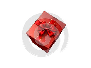 Top View of Bright Red Gift Box Decorated with Red and Golden Ribbon on White Background
