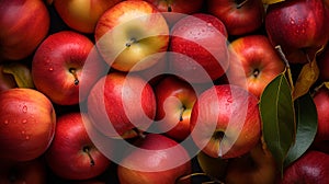 Top view of bright ripe aromatic red apples, background, texture