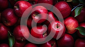 Top view of bright ripe aromatic red apples, background, texture