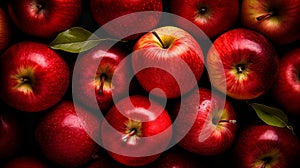 Top view of bright ripe aromatic red apples, background, texture
