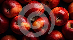 Top view of bright ripe aromatic red apples, background, texture