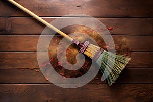 top view of a broom sweeping wooden floor with dust