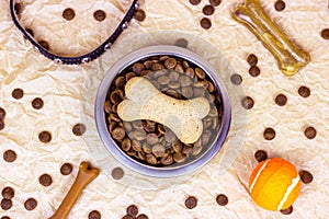 Top view of brown biscuit bones and crunchy organic kibble pieces for dog feed with black collar on light background