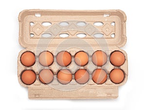 Top view of brown eggs in egg carton