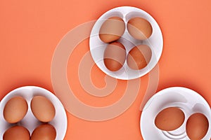 Top view brown eggs on white plates.