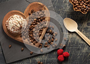 Top view brown ice cream and coffee beans on old rustic vintage. Coffea