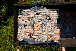 Top view of the browned steaks of red coho salmon fried on charcoal in a barbecue on a summer day in the country. Cooking a