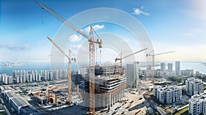 Top view of building construction site with cranes and industrial machines