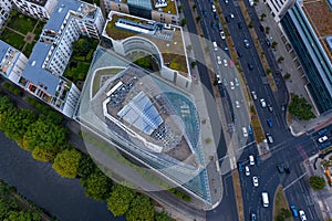 Top view of the building with an unusual, diamond-shaped shape.