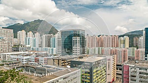 Top view of buildings at day in finance urban timelapse, hong kong city