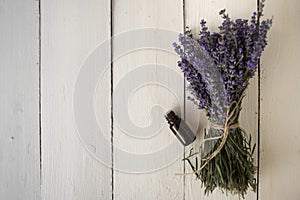 Top view bunch of fragrant lavender flowers on a white vintage table