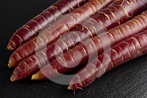 Top view of bunch of fresh organic red carrots. Healthy food