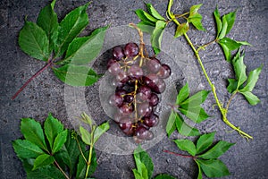 Top view bunch of red grapes and green leaves with water drops on the dark concrete background. Selective focus